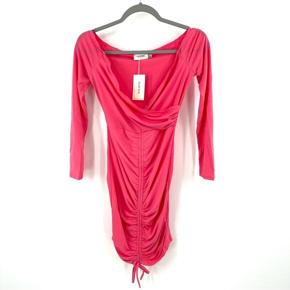 ASOS Flounce London ruched bardot bodycon mini dress in pink Size US 6 - Picture 1 of 9